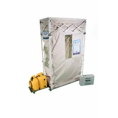 This mobile particle containment unit is mounted on a tow cart for positioning in industrial facilities. It measures 62 inches in length and 11 feet in height, providing an enclosed workspace to isolate airborne particles during maintenance, construction, or remediation tasks.