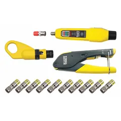 This kit includes a compact plier-style crimper for terminating BNC and F-connectors on RG6 coaxial cable. The single-operation crimping mechanism provides consistent connections. Suitable for data cable installations in security, CCTV, and broadband applications.