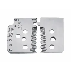 Steel replacement blades for automatic wire strippers, with an overall length of 1 3/4 in. Designed for cutting and stripping insulation from electrical wires in industrial maintenance, assembly, and production environments. Compatible with models 10U099 and 12 12 06.