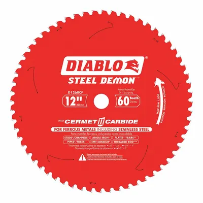 DIABLO Circular Saw Blade: 12 in Blade Dia., 60 Teeth, 0.08 in Cut Wd, 1 in Arbor Size - Stainless Steel-Cutting Blades