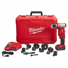 Cordless knockout punch system powered by 18V DC battery. Accepts 1/2 to 2 in dies for punching holes up to 2 in diameter in steel up to 14 ga maximum thickness. Includes 2.0 Ah battery and charger. Used for cutting clean holes in steel for electrical installations.