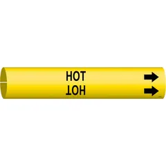 Yellow snap-on pipe marker with black legend reading 'Hot' and directional arrows. Fits pipe outer diameters from 2-1/2 to 3-7/8 inches. Used to identify hot pipes in industrial piping systems for safety and compliance.