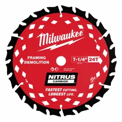 Carbide-tipped framing blade designed for cutting wood with nails. 24 teeth and 0.08 in kerf width. Suitable for construction and demolition tasks where embedded fasteners are common. Sold in a 10-pack.