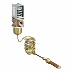This three-way temperature-actuated water regulating valve features a brass body and is designed for use with R-134A refrigerant. It modulates water flow to maintain proper head pressure in refrigeration systems, with a maximum flow capacity of 27 gpm and an operating temperature range of 115°F to 180°F. Commonly applied in commercial HVAC and industrial cooling systems.