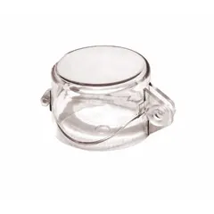 Clear removable-cover lockout for push-button actuators up to 2 in diameter. Measures 1.65 in x 2.1 in x 3 in. Used to isolate push buttons during lockout/tagout procedures, preventing accidental machine startup. Clear cover allows visual verification of button position while locked.