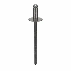 Steel large flange blind rivet with 0.122-inch diameter, 1 41/68-inch overall length, 5/16-inch body length, and 1 39/64-inch grip range. Designed for inch-system applications where only one-sided access is available, the large flange distributes load over a wider area to reduce pull-through in thin or soft materials. Supplied in a 500-pack.