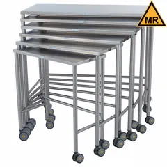 This fixed-height lab table features a stainless steel countertop and swivel casters for easy repositioning. Suitable for use in laboratories, clean rooms, and educational settings where a corrosion-resistant work surface is required.