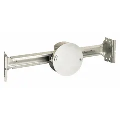 Round steel ceiling electrical box with 2-gang capacity and 1-1/2 in depth. Features a bar hanger bracket for mounting between joists and NM-B cable clamps for non-metallic sheathed cable. Used for supporting light fixtures or junction connections in ceiling installations.