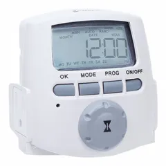 Indoor-rated digital plug-in timer switch with a 5-15R receptacle, operating at 120V AC. Features astronomic and 7-day programmable settings for automated control of lighting and small appliances.