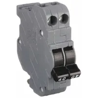 This 40 A, 2-pole miniature circuit breaker is rated for 120/240V AC with a 10kA interrupting capacity. It has a 1-inch width and is used for overcurrent protection in electrical distribution panels