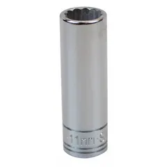 This 1/4" drive hand socket has an 11 mm size with a 12-point configuration and deep profile. The chrome finish provides corrosion resistance. It is used for tightening or loosening metric fasteners in applications such as automotive repair, machinery maintenance, and industrial assembly.