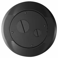 Round, black, cast aluminum floor box cover with a smooth finish. Designed for flush-mount installation with compatible floor boxes, providing a low-profile access point for electrical, data, or AV connections in commercial and industrial flooring applications.