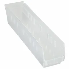 This clear plastic shelf bin from QUANTUM STORAGE SYSTEMS has an overall length of 17 7/8 in and dimensions of 4 1/8 in x 4 in. It is nesting capable for space-efficient storage on industrial shelving. Suitable for organizing small parts, components, and hardware in warehouses, workshops, and assembly lines. Not electrostatic discharge conductive.
