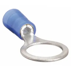 Nylon-insulated ring terminal for #6 stud size, rated 600 V. Accepts 18 AWG to 14 AWG wire. Used to terminate wires to stud or screw terminals in electrical panels and equipment.