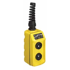 Push-button pendant control station with two momentary push buttons, 2NO contact configuration, and dead-end hub. Thermoplastic enclosure rated NEMA 4 for water and dust resistance. AC contact rating 1.5 A at 240 V, DC contact rating 0.55 A at 240 V. Suitable for remote operation of cranes, hoists, and industrial machinery.