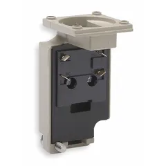 Metallic body for limit switches compatible with OMRON D4A-N series. Features 2 mounting holes and 1NO/1NC contact configuration. No indicating light included. Suitable for industrial equipment such as machine tools, conveyors, and automated production lines.