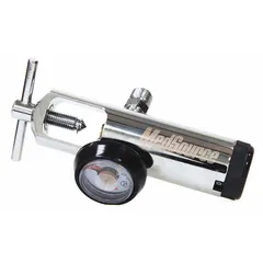 Brass medical oxygen regulator with DISS connection, designed to control oxygen flow from a supply source to a patient delivery device. Maximum flow rate of 15 lpm. Dimensions: 1 in W x 5 1/2 in H x 1 in D.