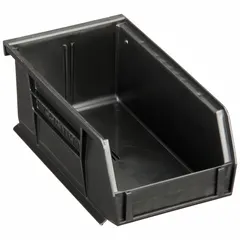 This recycled plastic bin is made from 100% recycled content and is not electrostatic discharge conductive. It includes a label holder for identification. The bin is designed for organizing and storing small parts in industrial environments, with a hang and stack design for flexible placement on louvered panels or shelving.