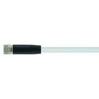 Single-ended cordset with M8 female straight connector on one end and bare wire on the other. Features 3 pins, 24 AWG wire, and a 2 m cable length. Gray PUR jacket provides IP67 protection. Suitable for connecting sensors or actuators in industrial automation, packaging, and robotics applications where flexibility and durability are required