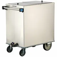 This stainless steel ice caddy has a 200 lb capacity and a hinged door for loading and dispensing ice. It features fixed/swivel casters for maneuverability in commercial kitchens, hotels, and catering operations. Depth is 20 1/4 inches