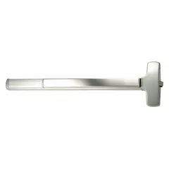 This FALCON exit device is a rim-type touchbar constructed of aluminum. It is designed for doors up to 4 ft wide and meets ADA compliance for accessible egress. Suitable for commercial applications requiring a standard push bar.