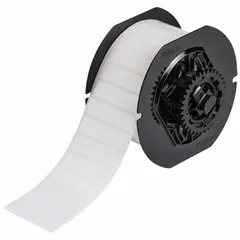 Acrylic permanent adhesive label roll, 1/2 in x 2 in, with 2,500 precut labels. Halogen-free material for thermal transfer printing. Compatible with i3300 printer series. Used for permanent industrial identification, asset tagging, cable marking, and safety labeling.