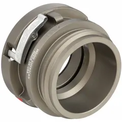 This aluminum rigid adapter connects a 4-inch NH (National Hose) thread to a Storz coupling. It is used for quick hose hookups on fire hydrants and standpipes in fire protection systems.