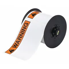 White vinyl label roll with WARNING header, measuring 2 1/4 in x 3 in. Features acrylic adhesive for secure bonding. Compatible with i5300 printer series for on-demand printing. Used to mark hazards, equipment, and areas requiring caution in industrial settings.