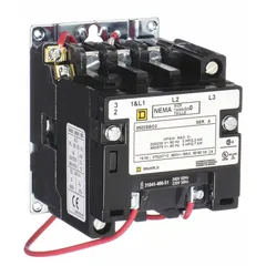 This SQUARE D NEMA contactor is a non-reversing, 3-pole device rated NEMA Size 0, 18 A at 240V AC. It is used for switching motor loads and other inductive loads in industrial control panels, HVAC systems, and conveyor lines.