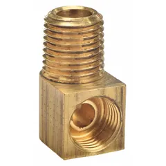 Threaded brass inverted flare tube fitting with 1/2"-20 thread size A, meeting ASA standards. Used to connect tubing to threaded ports in hydraulic, pneumatic, and fluid transfer systems. The 90-degree elbow design allows installation in confined spaces.
