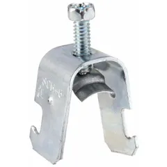 Steel strut clamp with electroplated silver finish for securing 3/8 in trade size conduit to 1-5/8 in strut channels. Accommodates cable range from 0.100 in to 0.630 in. Used in electrical installations for supporting conduit runs in commercial and industrial settings.