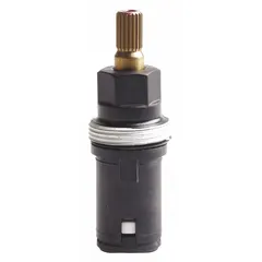 This replacement hot valve cartridge assembly controls hot water flow in faucets and shower valves. It is used to regulate temperature and prevent leaks in residential and commercial bathrooms and kitchens.