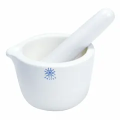 Porcelain mortar and pestle set with 50 mL capacity. Mortar height 47 mm, pestle length 95 mm. Used for grinding and mixing small samples in laboratory, pharmaceutical, and material testing applications.