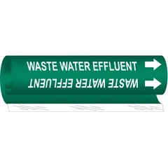 Green fiberglass carrier-mounted pipe marker with white legend reading 'Waste Water Effluent'. Includes directional arrows. Fits pipe outer diameters from 1-1/2 to 2-3/8 inches. Supplied as a single marker with strapping for installation. Used to identify pipes carrying treated wastewater in industrial and commercial facilities.