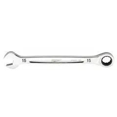 This 15 mm metric 12-point ratcheting combination wrench features a chrome vanadium steel construction with a chrome finish. The ratcheting box end allows for faster fastener turnover without repositioning, making it suitable for tightening and loosening fasteners in confined spaces. Standard-length design for general mechanical and maintenance tasks.