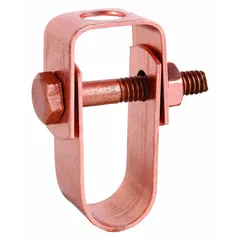This copper-plated steel clevis hanger supports 1/2 in pipe from 3/8 in threaded rod in suspended piping systems. It has a load capacity of 215 lb and is non-cushioned. Commonly used in commercial and industrial plumbing, HVAC, and mechanical installations.