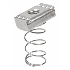 This spring nut is designed for use with strut channels to secure threaded rods or bolts. It features a 5/8"-11 thread size and accommodates a 5/8 in bolt. Made from 316 stainless steel with a polished silver finish, it provides corrosion resistance in demanding environments such as industrial piping, electrical conduit, and mechanical support systems.
