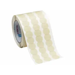 Pre-cut masking discs with 5/16 in diameter, featuring acrylic adhesive on crepe paper backing. Designed for paint surfaces, these discs provide high-temperature masking for painting, powder coating, or plating processes in industrial finishing operations.