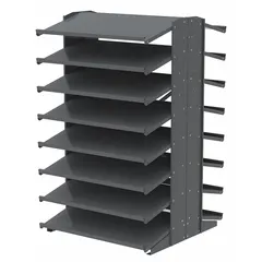 Metal stationary pick rack with a gray steel frame, designed for organizing and storing parts or products in warehouses, distribution centers, and manufacturing facilities. This two-sided unit includes 16 shelves and does not come with bins. Suitable for efficient picking operations in material handling environments.