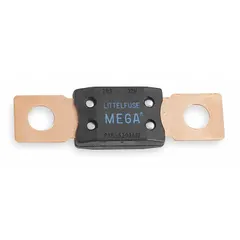 Two-bolt-hole, bolt-on time-delay fuse rated 200 A at 32 V DC. Designed for high-current protection in automotive electrical systems, such as alternator, battery isolator, and auxiliary power circuits in trucks, buses, and off-road equipment.
