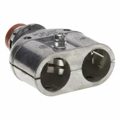 Straight duplex box connector for securing and insulating AC/MC cable connections in electrical junction boxes. Die cast zinc construction with 1/2 in trade size and insulated design. Snap-in installation for use with 1/2 in cables.