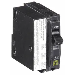 Plug-in miniature circuit breaker for overcurrent protection in branch circuits. Rated 15 A, 120/240V AC, single-phase, with a maximum interrupting rating of 10kA at 120/240V AC. Single-pole design for use with QO Load Centers and NQ Panelboards.