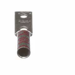 Two-hole compression lug for terminating 350 kcmil stranded copper wire. Features a 1/2-inch stud size, long copper barrel, and P71 die code. No inspection hole. Used in power distribution and heavy equipment installations.