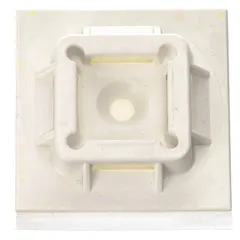 Adhesive mount cable tie base for securing miniature, intermediate, and standard cable ties to flat surfaces. White, 1.5 in length, 1.5 in width, 0.34 in height, with 0.09 in slot height. Pack of 50.