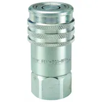 Steel-bodied quick-connect coupling body for hydraulic systems. Features 1-1/16"-12 thread size and maximum flow rate of 45.42 lpm. Used for fast, leak-free connection and disconnection of fluid lines in industrial machinery and mobile equipment
