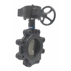 This 6-inch ductile iron butterfly valve features a concentric lug design with FKM seals and a CF8M stainless steel disc. It is rated for 200 psi maximum cold working pressure and is operated by a gear-operated handwheel for precise flow control. Suitable for general-service applications in industrial piping systems requiring shut-off and regulation.