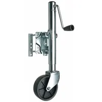 This REESE trailer jack features a Sidewind handle and a wheel base for easy positioning. It has a static load capacity of 1000 lb and a maximum lift height of 1 ft 10-11/16 in. Mounting is via snap ring swivel bolt-on swivel. Suitable for lifting and supporting trailer tongues during hitching, unhitching, or parking