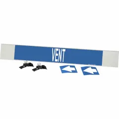 Blue fiberglass carrier-mounted pipe marker with white 'Vent' legend and directional arrows. Designed for pipes 8 inches and larger outer diameter. Includes strapping for secure mounting. Used to identify vent lines in piping systems.