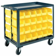 Steel bin cart with lipped shelves for organizing and transporting small parts, tools, or components. Gray frame with 48 yellow bins across 2 shelves. Equipped with (2) swivel casters for mobility. Overall dimensions: 42 1/2 in L x 24 1/2 in W x 38 in H.