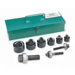 Round punch and die set for creating clean holes in steel sheet metal up to 14 ga. Falls-free design with plastic components and draw studs included. Suitable for electrical panel fabrication, enclosure modification, and industrial maintenance.
